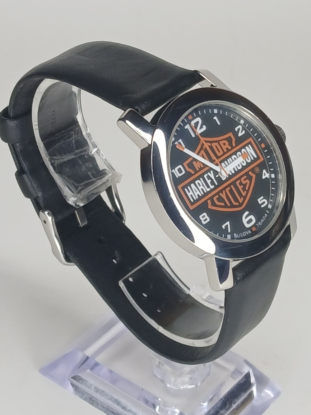 Harley-Davidson Men's Black Leather Strap Watch with Orange Logo